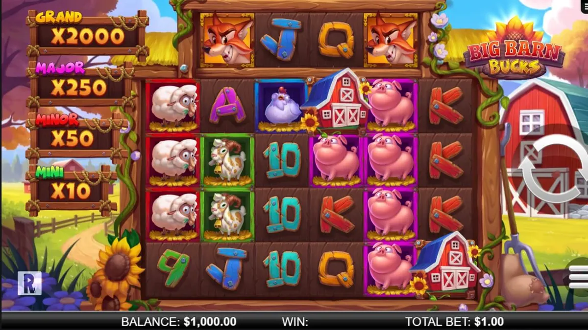 Tampilan layar permainan slot Big Barn Bucks dengan simbol hewan kartun dan gulungan berjenjang.