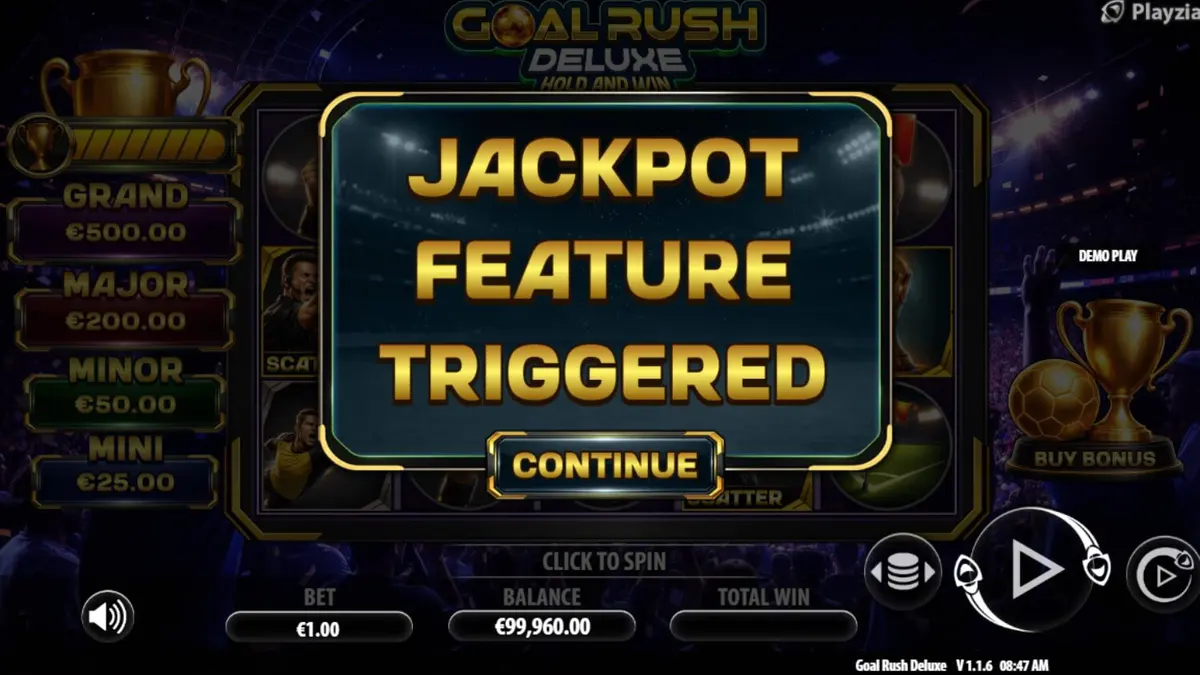 Tampilan visual slot Goal Rush Deluxe Hold and Win dengan tema stadion sepak bola