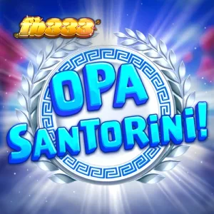 Tampilan visual slot Opa Santorini dengan latar belakang pemandangan laut Mediterania